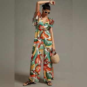 FARM Rio (for Anthropologie) Ruffle-Sleeve Printed Jumpsuit, Size XS